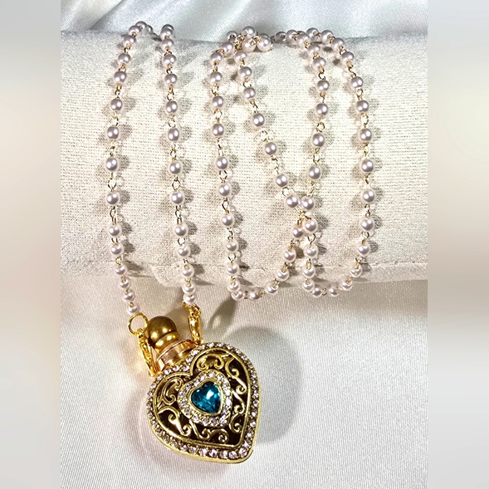Gold and Silver Heart Rhinestone  Perfume Bottle Pendant Necklace